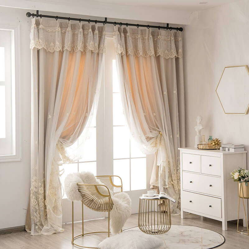 Double-layer Linen Lace Blackout Curtains for Living Room