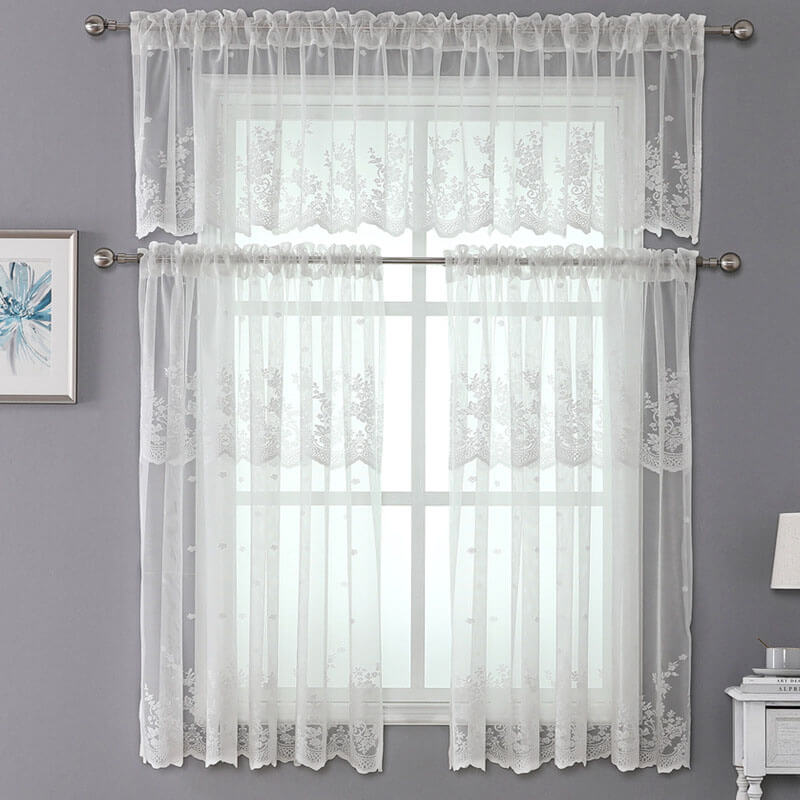 2Pcs Voile Kitchen Curtain with Floral Embroidered