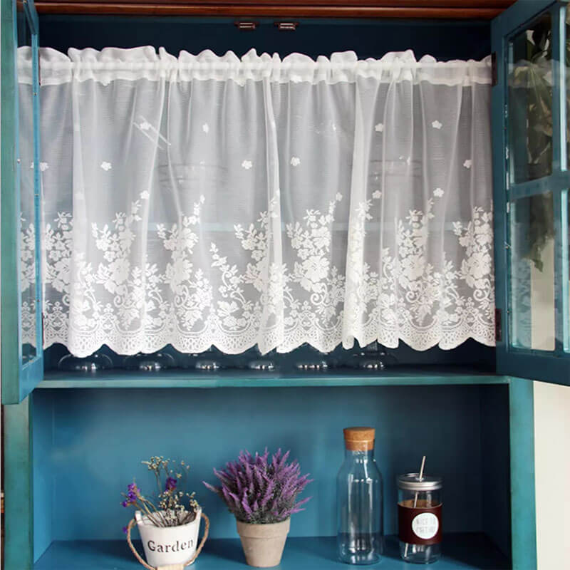 2Pcs Voile Kitchen Curtain with Floral Embroidered