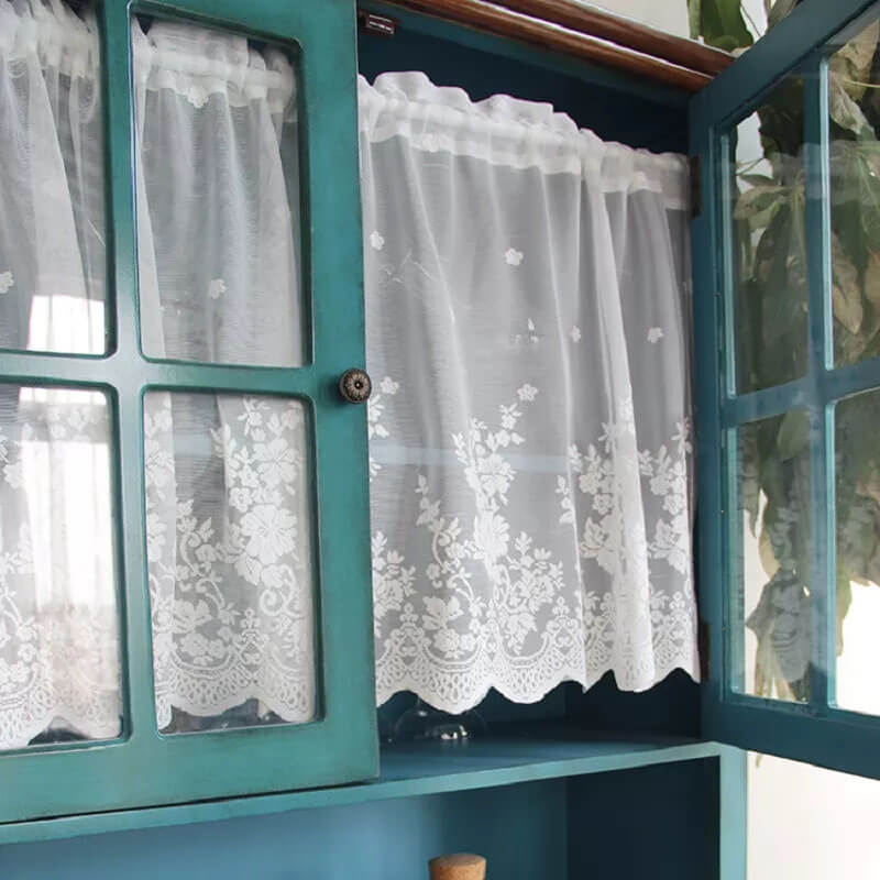 2Pcs Voile Kitchen Curtain with Floral Embroidered