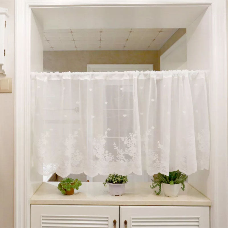2Pcs Voile Kitchen Curtain with Floral Embroidered