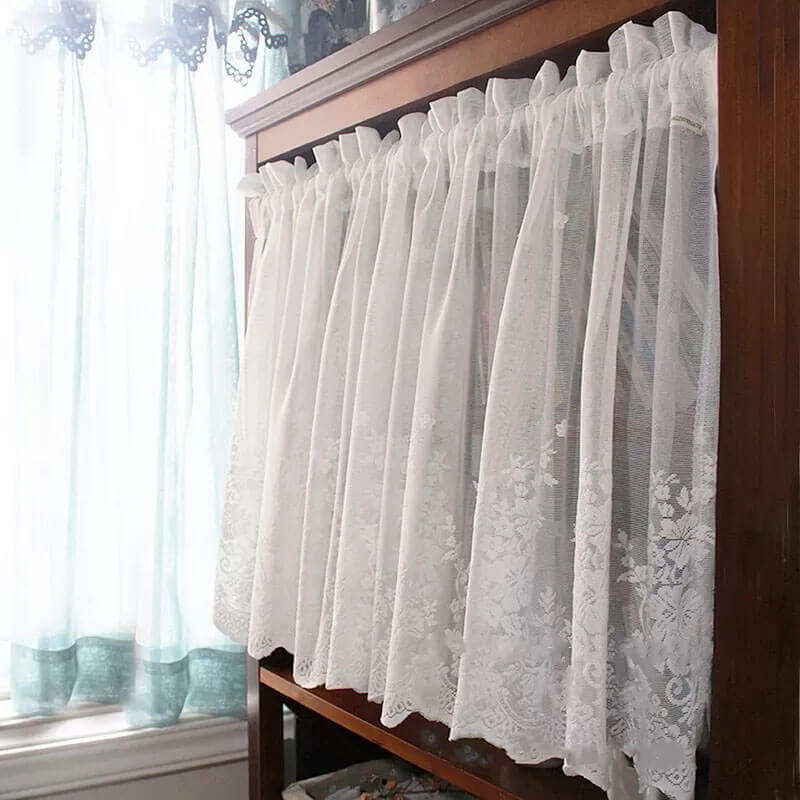 2Pcs Voile Kitchen Curtain with Floral Embroidered