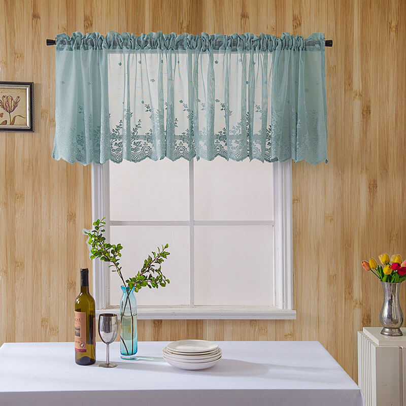 2Pcs Voile Kitchen Curtain with Floral Embroidered