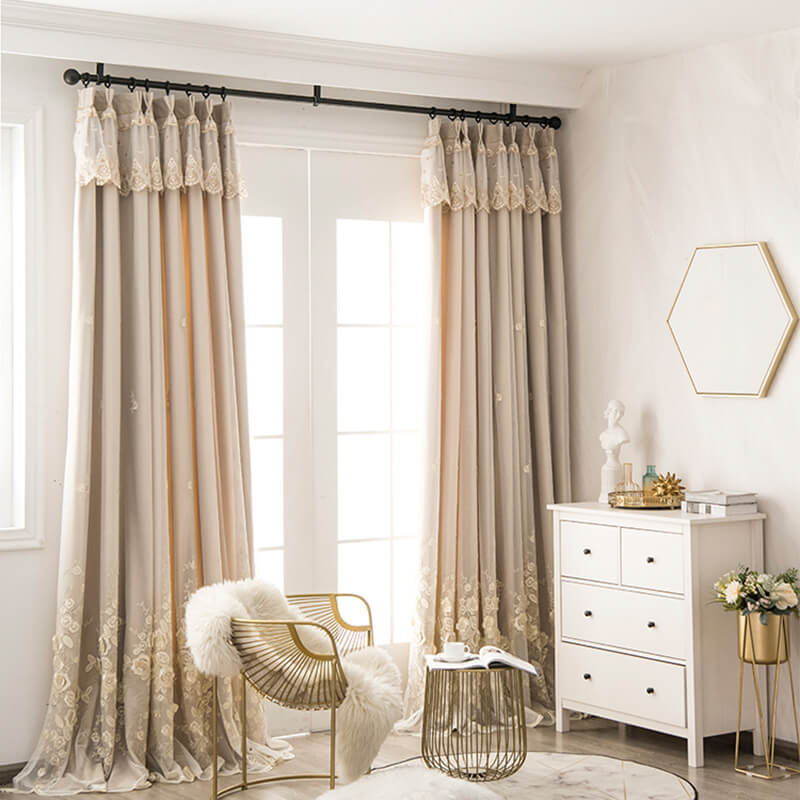 Double-layer Linen Lace Blackout Curtains for Living Room
