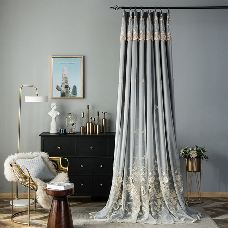 Double-layer Linen Lace Blackout Curtains for Living Room