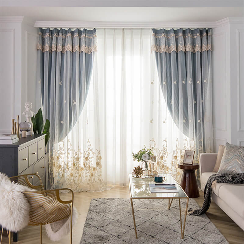Double-layer Linen Lace Blackout Curtains for Living Room