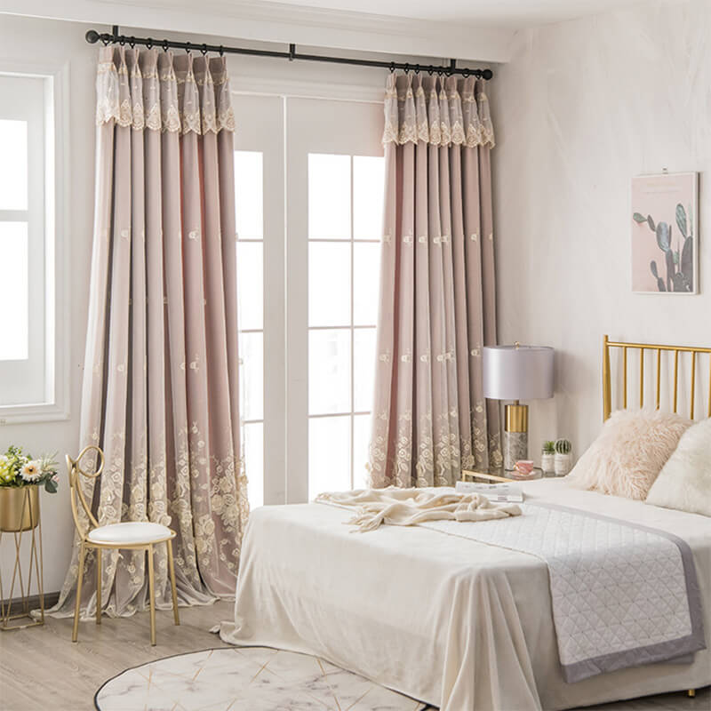 Double-layer Linen Lace Blackout Curtains for Living Room