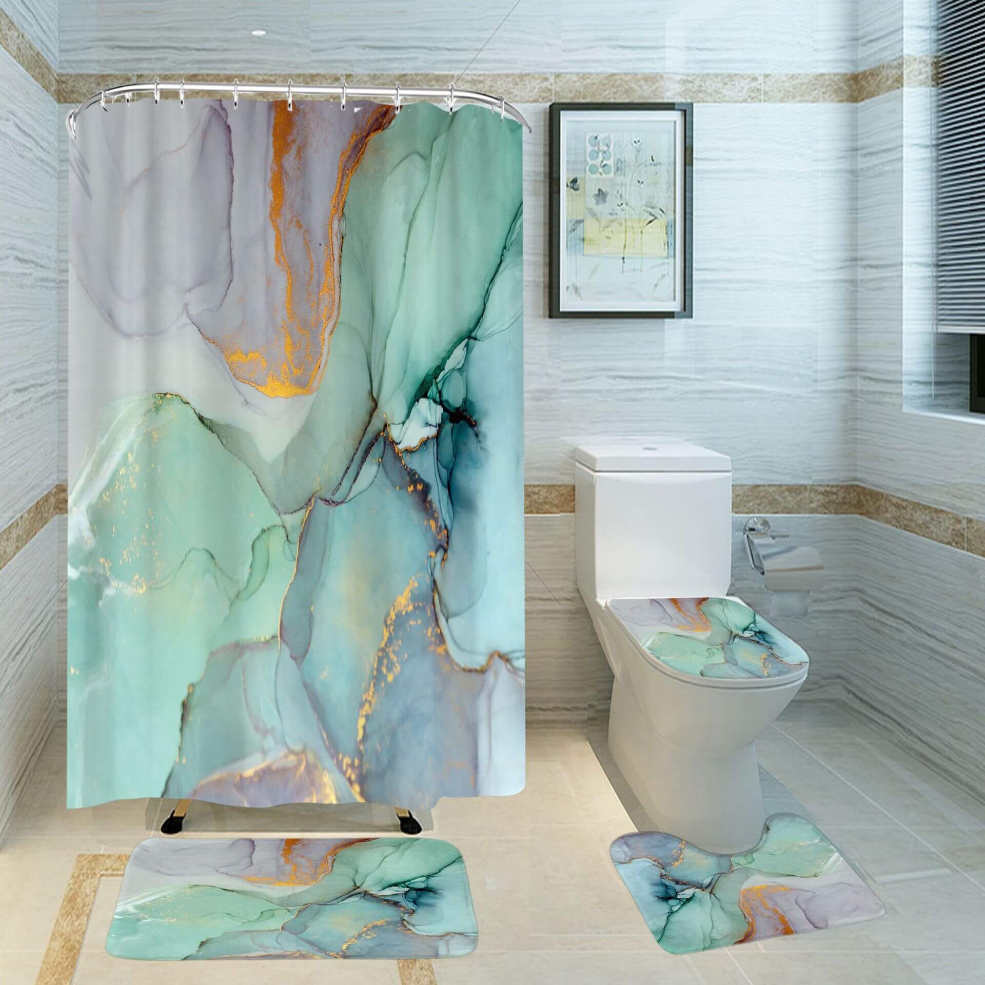 Marble Shower Curtain with 12 Hooks