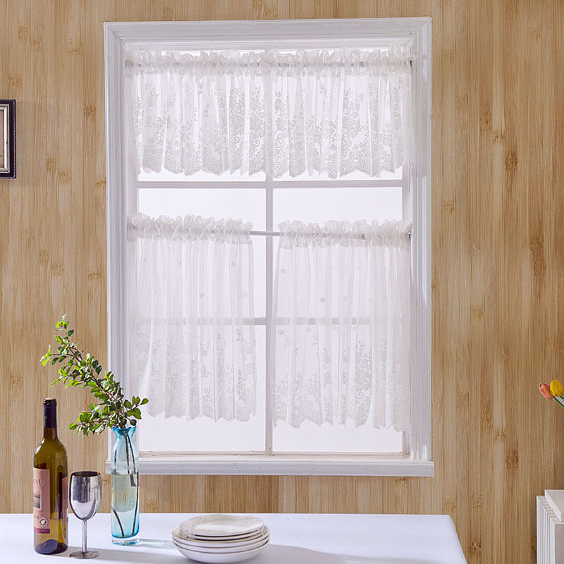 2Pcs Voile Kitchen Curtain with Floral Embroidered
