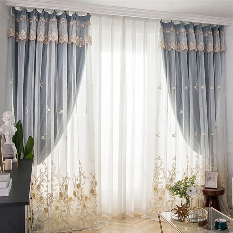Double-layer Linen Lace Blackout Curtains for Living Room