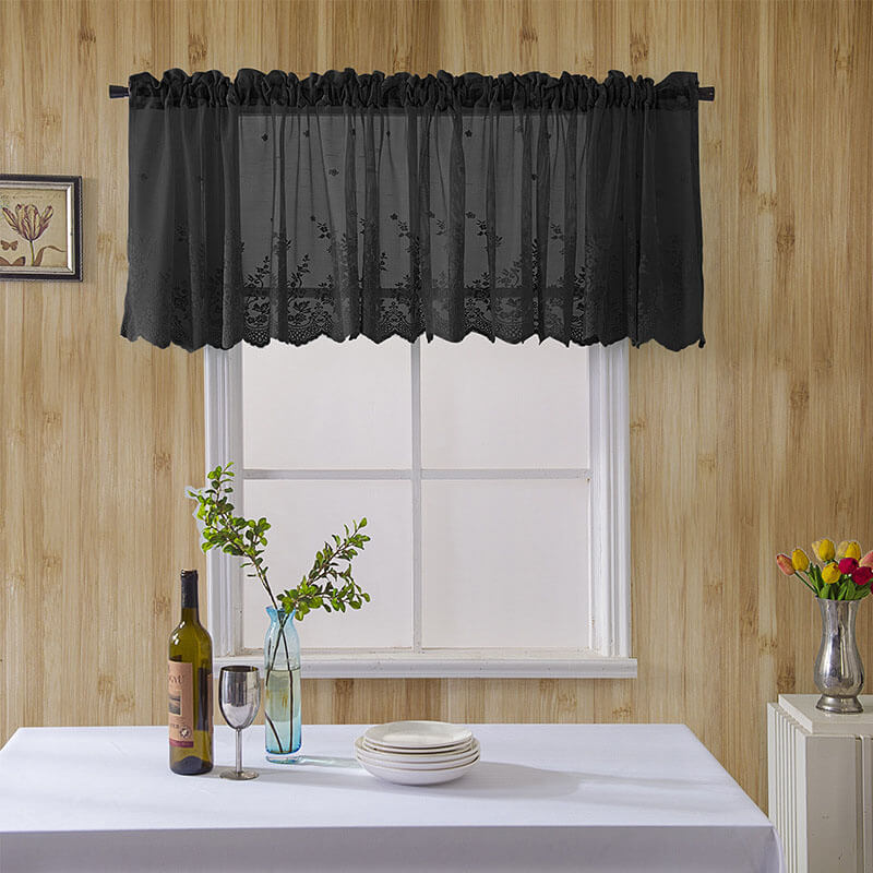 2Pcs Voile Kitchen Curtain with Floral Embroidered