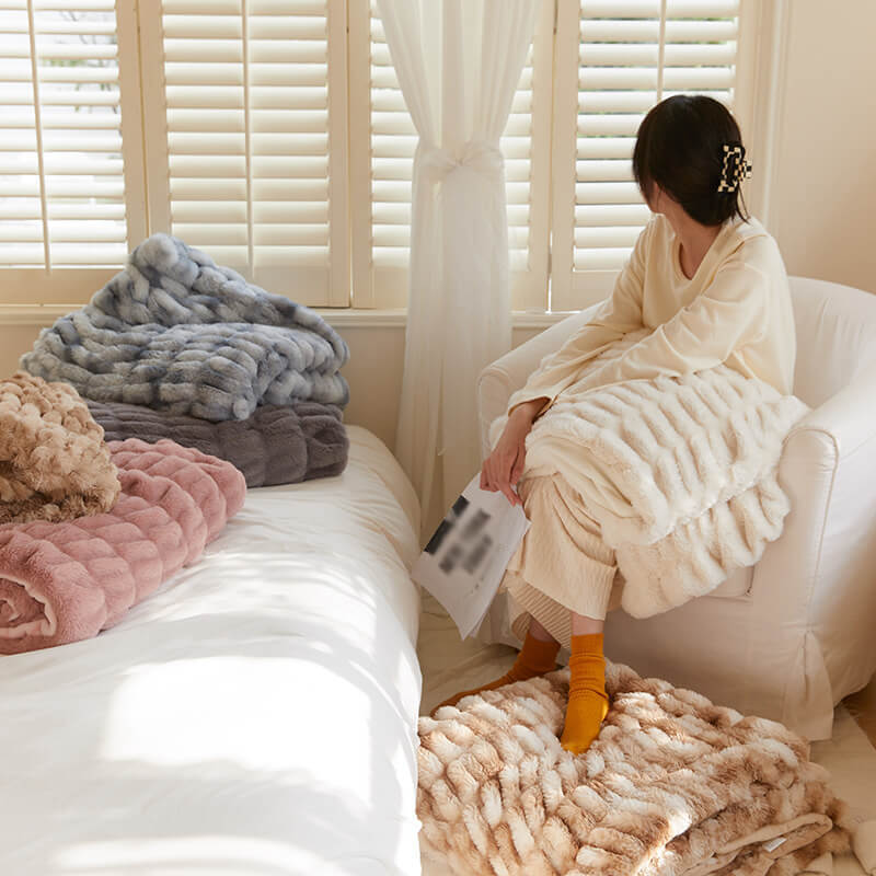 Furry Ruched Faux Fur Throws for Bed