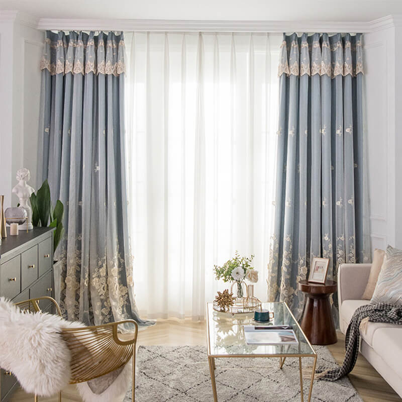 Double-layer Linen Lace Blackout Curtains for Living Room