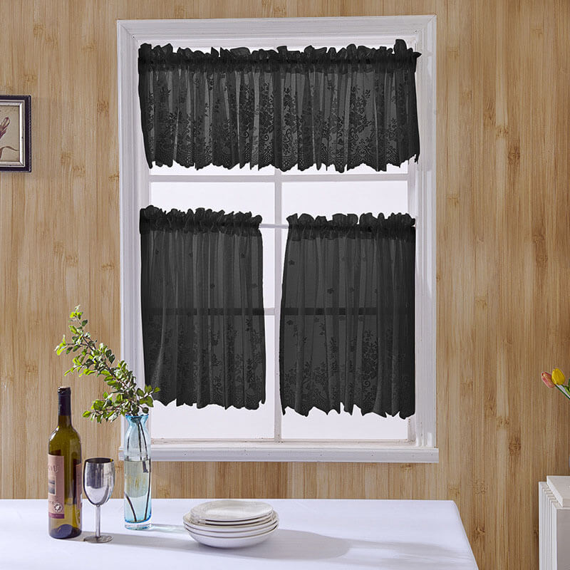 2Pcs Voile Kitchen Curtain with Floral Embroidered