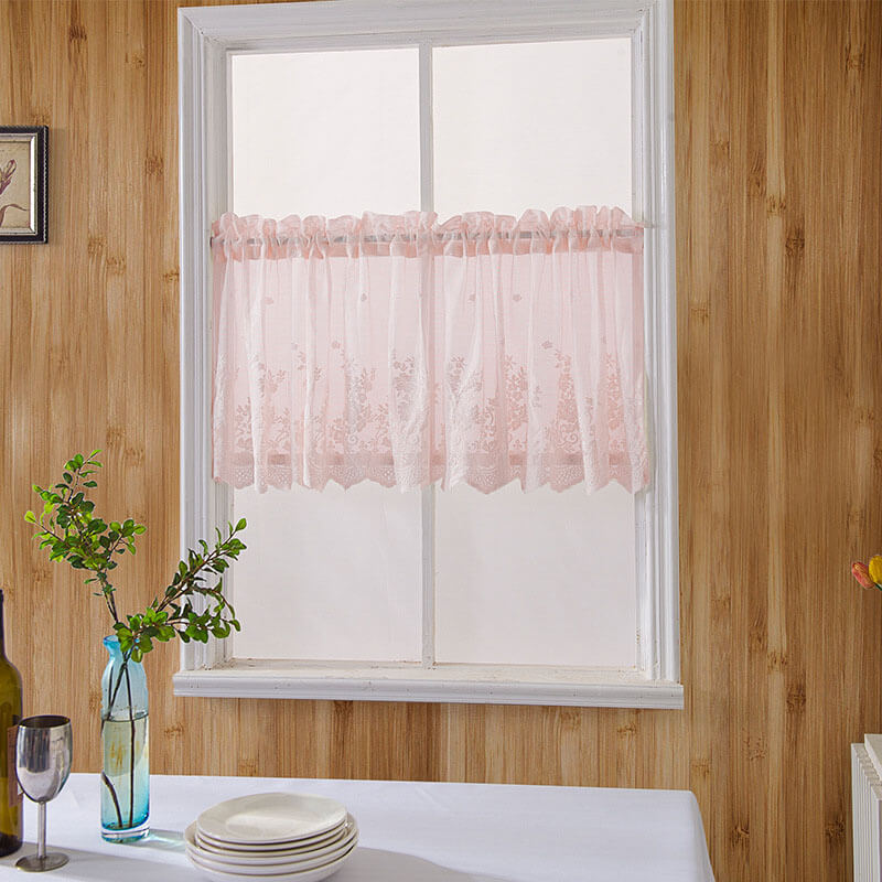 2Pcs Voile Kitchen Curtain with Floral Embroidered