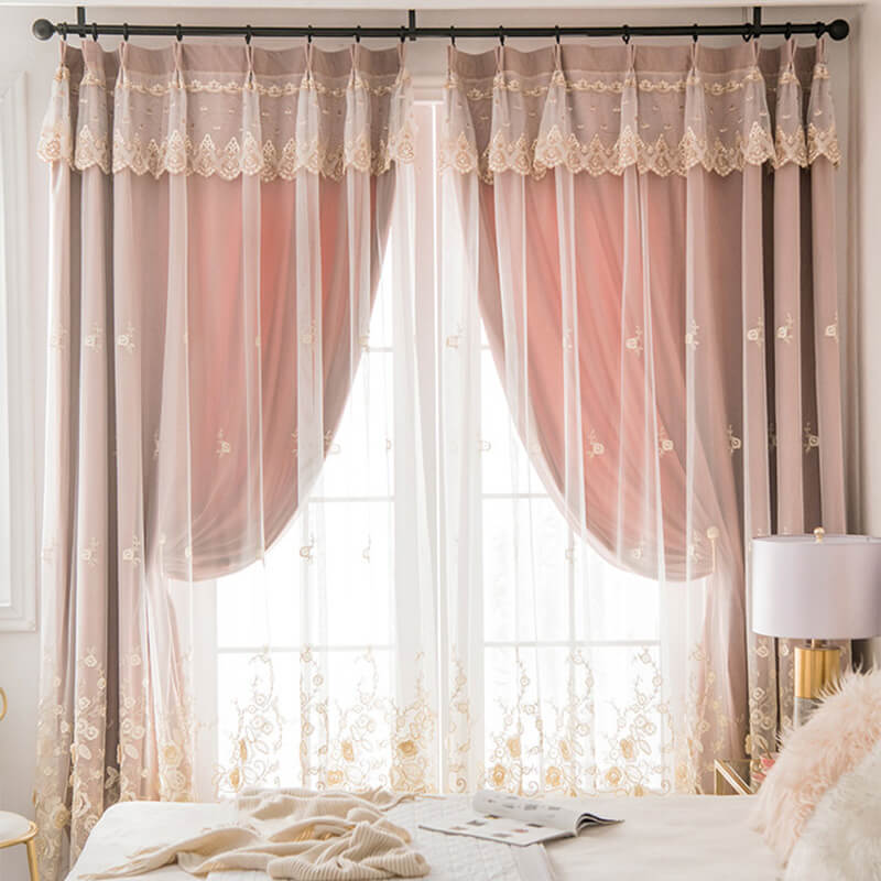 Double-layer Linen Lace Blackout Curtains for Living Room