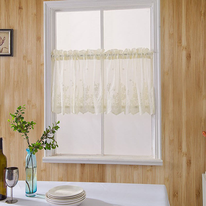 2Pcs Voile Kitchen Curtain with Floral Embroidered