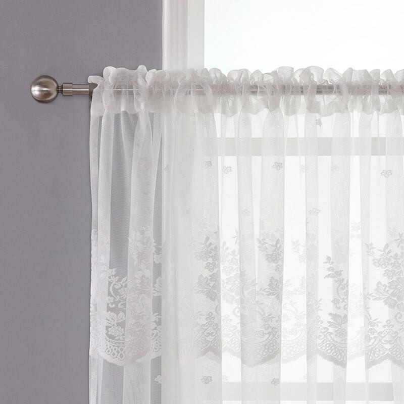 2Pcs Voile Kitchen Curtain with Floral Embroidered